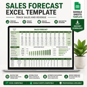 May include: A digital sales forecast template for Excel and Google Sheets displayed on a laptop screen. The interface features tables for monthly revenue, product forecasts, and summary data, with green headers and charts for data visualisation.