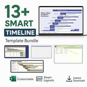 Könnte beinhalten: Ein Laptop-Bildschirm mit einer Tabelle mit dem Text "Effects of Sleep an Rogrative Performance" und mehreren kleineren Bildschirmen, die verschiedene Zeitplanvorlagen zeigen. Das Bild enthält auch den Text "13+ SMART TIMELINE Template Bundle".