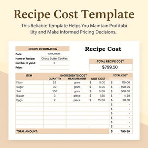Recipe Cost Template Excel & Google Sheets | Food Cost Calculator, Ingredient Costing, Per Serving Cost Tracker, Editable Spreadsheet