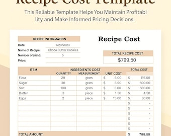 Recipe Cost Template Excel & Google Sheets | Food Cost Calculator, Ingredient Costing, Per Serving Cost Tracker, Editable Spreadsheet