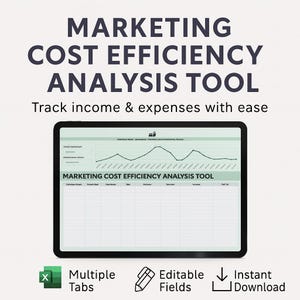 May include: A digital tablet displays a marketing cost efficiency analysis tool. The screen shows a chart and data fields, with the text "MARKETING COST EFFICIENCY ANALYSIS TOOL." Icons indicate multiple tabs, editable fields, and instant download.