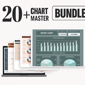 May include: A digital product bundle with the text "20+ CHART MASTER BUNDLE". The image shows a laptop and several tablets displaying charts and graphs, including a budget chart with financial data and pie charts for expense and income distribution.