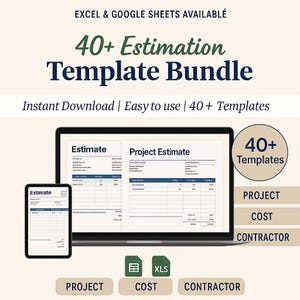 Puede incluir: Una maqueta digital de un paquete de plantillas de estimación, que se muestra en una computadora portátil y una tableta. La imagen incluye el texto "40+ Estimation Template Bundle" y "Instant Download | Easy to use | 40+ Templates". El texto adicional incluye "Project", "Cost" y "Contractor".