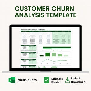 May include: A laptop screen shows a customer churn analysis template. The display features data tables, charts, and graphs in green hues. Text on the screen reads "Customer Churn Analysis Template." Icons indicate multiple tabs, editable fields, and instant download.