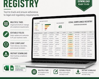 Operations Legal Compliance Registry Template | Excel & Google Sheets | Compliance Log | Regulatory Tracker | Audit Dashboard