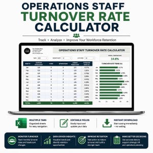 Op de afbeelding: Een digitale calculator voor het verloop van operationeel personeel op een laptopscherm. De interface bevat een gegevenstabel met maandelijkse personeelsaantallen, indiensttredingen, uitdiensttredingen en verlooppercentages, naast een staafdiagram.
