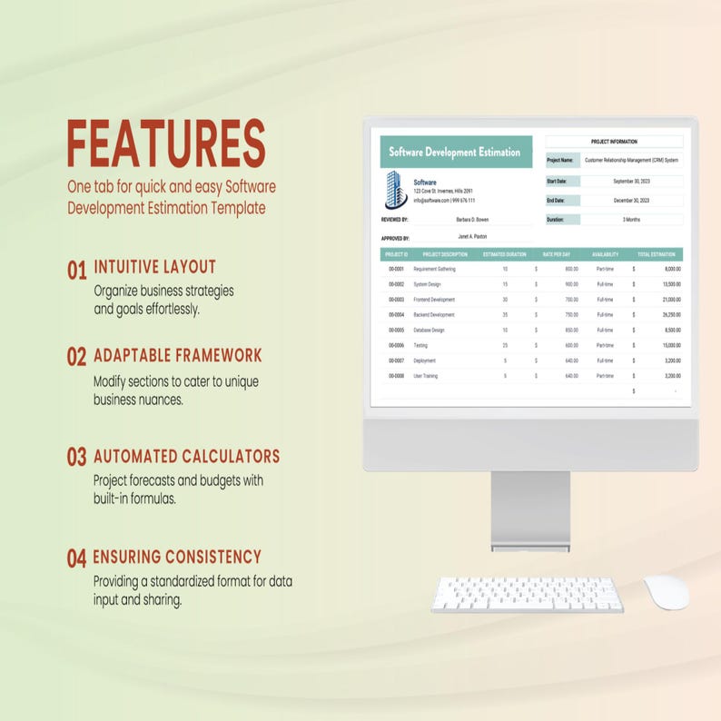May include: A computer monitor displaying a software development estimation template. The screen shows project information and a detailed breakdown of tasks. A keyboard and mouse are in the foreground. Text on the left highlights features like intuitive layout and automated calculators.