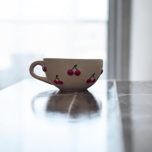 Cherry Mug, Cute Ceramic Coffee Cup, Aesthetic Tea Mug, Minimalist Kitchen Decor, Gift for Her