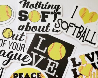 Softball Sticker Pack For Water Bottles Waterproof Laptop Stickers PVC Vinyl Stickers 10pc or 20pc Softball Favors Sticker Set