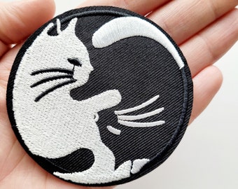 Cat Patch Yin Yang Cat Patch Yinyang Cats Black and White Round Iron On Patch