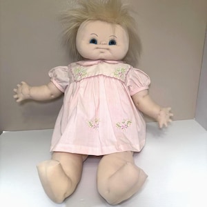Handmade Stockinette Cabbage Patch Style Cloth Baby Doll Blue Eyes Pink Dress Blonde 25"