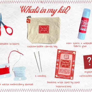 May include: A sewing kit featuring red scissors, a canvas bag, fabric glue, embroidery thread, needles, a booklet, and a mystery patch. The kit is labelled "My Hand Sewing Kit" and includes the text "What's in my kit?"