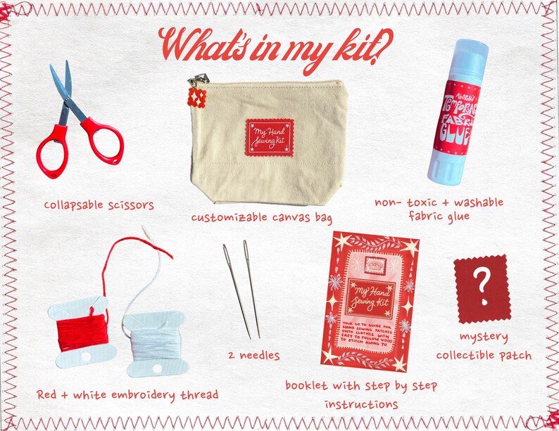 May include: A sewing kit featuring red scissors, a canvas bag, fabric glue, embroidery thread, needles, a booklet, and a mystery patch. The kit is labelled "My Hand Sewing Kit" and includes the text "What's in my kit?"
