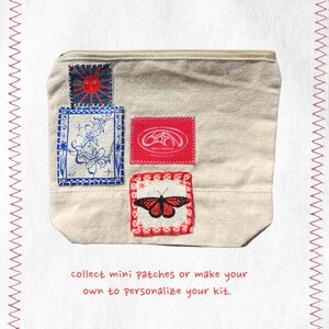May include: A beige canvas pouch with a zip, decorated with four colourful patches. The patches display a sun, floral design, a red logo, and a butterfly. The text reads: "collect mini patches or make your own to personalise your kit."