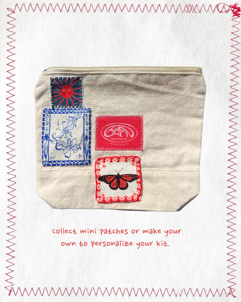 May include: A beige canvas pouch with a zip, decorated with four colourful patches. The patches display a sun, floral design, a red logo, and a butterfly. The text reads: "collect mini patches or make your own to personalise your kit."