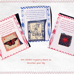 May include: Three mini patch kits with decorative designs. One features a butterfly, another a sun, and the third, floral elements. Each kit includes text and is packaged in a white card with red and blue accents. The text reads: "This mini patch is your first practice project!"