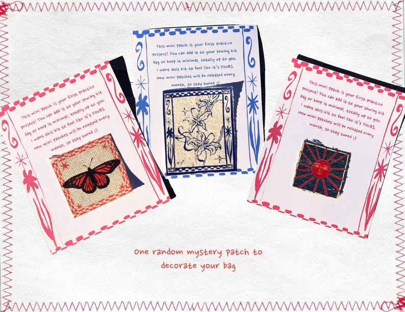 May include: Three mini patch kits with decorative designs. One features a butterfly, another a sun, and the third, floral elements. Each kit includes text and is packaged in a white card with red and blue accents. The text reads: "This mini patch is your first practice project!"
