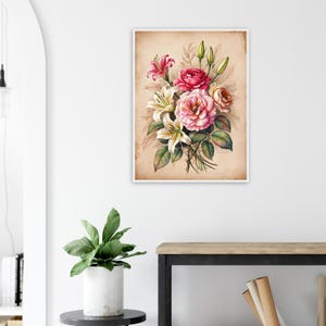 Impresión artística vintage floral enmarcada, póster de rosa rosa, listo para colgar, decoración del hogar