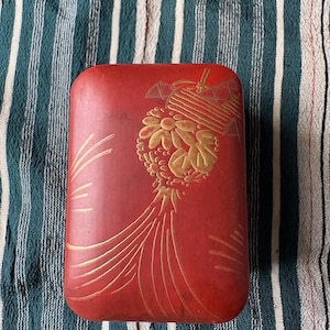 Antique Old Vintage Japanese Red Lacquered Gold Tone Flowers Paint Small Case