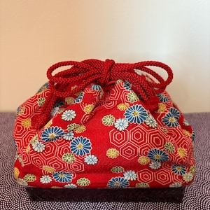 Vintage Kimono Fabric Drawstring Bag Kinchaku Pouch Basket Lacquered Bamboo Hand Bag