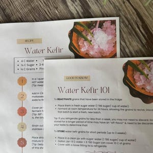 Puede incluir: Primer plano de hojas de recetas impresas para hacer k&eacute;fir de agua. Las hojas incluyen instrucciones y consejos para reactivar y almacenar los granos de k&eacute;fir de agua. El texto incluye el t&iacute;tulo "Water Kefir 101" y una receta para hacer k&eacute;fir de agua.