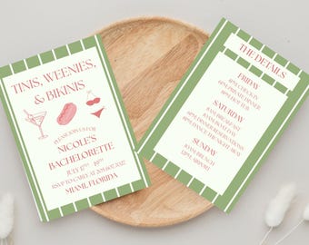 Tinis, Weenies, and Bikinis Bachelorette Bundle, Bach Invitation and Itinerary, Canva Template