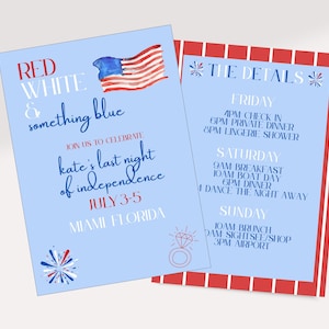 Red, White, and Something Blue Bachelorette, Last Night of Independence Bach Bundle, Patriotic Invitation and Itinerary. Canva Template