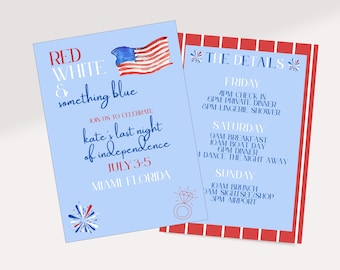 Bunt und blau - Einladung zum Abschied der Bachelorette: Rot, Weiß und Blau (Canva Template)