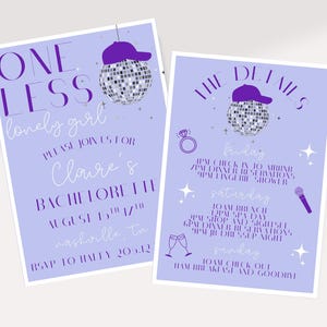 May include: Two lavender-colored party invitations. The left invitation reads "ONE LESS lonely girl" and details a bachelorette party. The right invitation lists "THE DETAILS" and the schedule. Both feature a disco ball with a purple baseball cap.