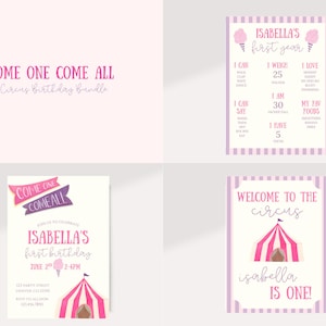 Come One, Come All Circus Birthday Bundle, Circus First Birthday Party Invitation, Welcome Sign, and Milestone Sign, Canva Template