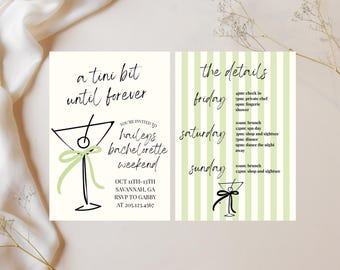 A Tini Bit Until Forever Bachelorette Bundle, Martini Bachelorette Invitation and Itinierary, Canva Template