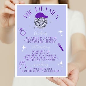 May include: A light purple print with the words "THE DETAILS" at the top, a disco ball wearing a purple baseball cap, and a schedule for Friday, Saturday, and Sunday. The schedule includes times for events like brunch, spa day, and dinner reservations.