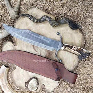 Custom HandMade Damascus Steel Hunting 18in Bowie Knife Deer Horn Handle, Deer Crown Horn Knife & Leather Sheath | Best Christmas Gift
