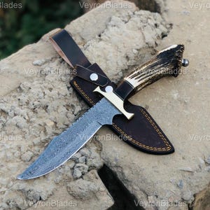 Custom Hand Made Damascus Antler Deer Horn Crown Handle Hunting Knife With Case | Best Christmas Gift