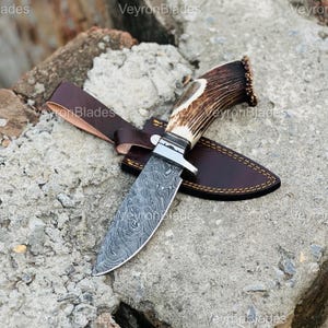 Custom HandMade Damascus Steel Hunting 11in Bowie Knife Deer Horn Handle, Deer Crown Horn Knife & Leather Sheath | Best Christmas Gift