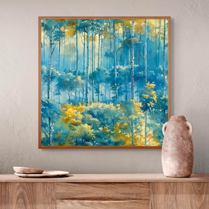 Wald Wand Kunst druckbare, ruhige Aquarell Wald Poster, ruhige blaue Baum Landschaft Dekor, nordische Natur Digital Download Kunstwerk