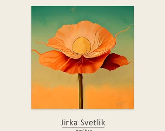 Abstract Orange Flower Print: Teal Green Gradient, Modern Botanical Wall Art