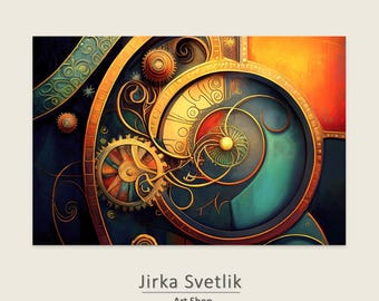 May include: Abstract steampunk-style artwork with detailed clockwork gears and spirals in gold, teal, and orange hues. The image has a dark blue background and includes the text "Jirka Svetlik Art Shop".