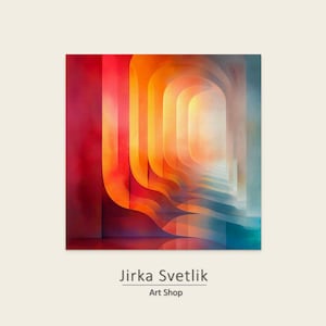 Könnte beinhalten: Abstrakter Kunstdruck mit einer Reihe von Torbögen in Rot-, Orange- und Blautönen. Das Kunstwerk hat einen Farbverlauf, wobei die Farben ineinander übergehen. Der Name des Künstlers, Jirka Svetlik, und "Art Shop" stehen unten.