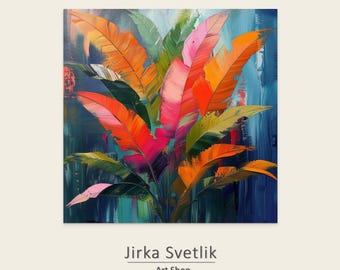 May include: An abstract painting featuring brightly coloured leaves in shades of orange, red, pink, green, and yellow against a dark blue backdrop. The artwork is signed "Jirka Svetlik" and the text "Art Shop" is below the signature.
