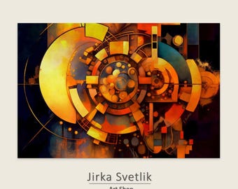 May include: Abstract artwork print with a complex geometric design in orange, yellow, and blue against a dark background. The artwork has a circular motif with intricate details. The text "Jirka Svetlik Art Shop" is at the bottom.