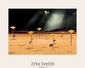 Op de afbeelding: Een surrealistische kunstafdruk met gele, roosachtige bloemen in een woestijnlandschap onder een donkere, dramatische lucht. Het kunstwerk is gesigneerd door Jirka Svetlik, met de tekst "Art Shop" eronder.