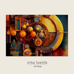 May include: Abstract art print featuring a complex arrangement of geometric shapes in shades of orange, yellow, blue, and brown. The artwork includes circular and rectangular forms, with the artist's name and art shop title at the bottom.