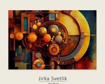 Futuristic Steampunk Wall Art – Abstract Mechanical Planetary System Poster for Home or Office Decor