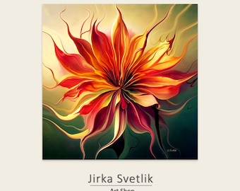 Abstract Floral Art Print: Orange, Red & Teal Botanical Poster