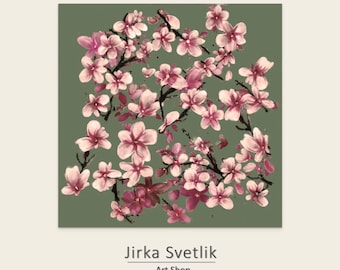 Kersenbloesemprint: vintage Japanse bloemenmuurkunst op salie