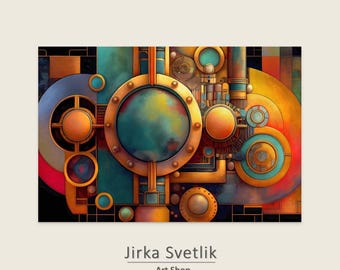 May include: Abstract steampunk art print with a complex arrangement of circular and rectangular shapes in teal, gold, orange, and red. The artwork includes the text "Jirka Svetlik Art Shop".
