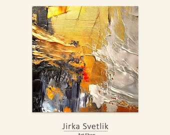 May include: Abstract oil painting with textured brushstrokes in shades of gold, black, white, and red. The artwork features thick layers of paint, creating a dynamic and expressive composition. The artist's name and art shop are displayed below the artwork.