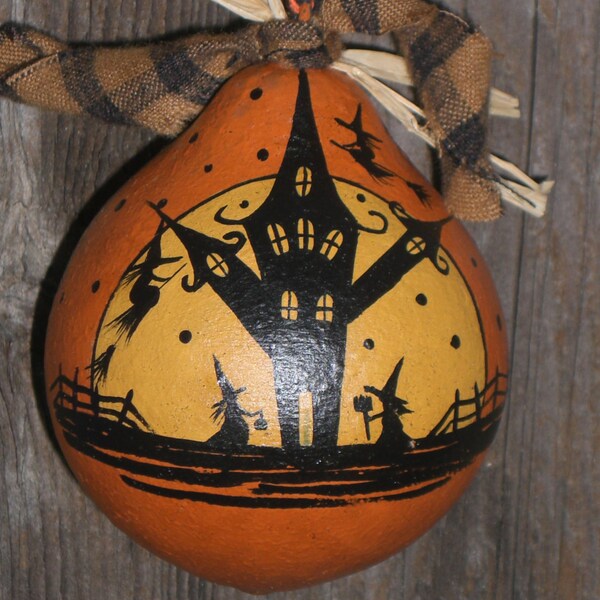 Halloween Vintage Style Dried Gourd Ornament Haunted House  Ornie Hand Painted Folk Primitive
