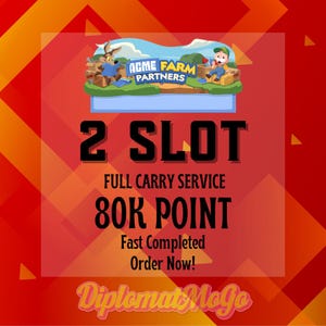 Może przedstawiać: Grafika cyfrowa z logo Acme Farm Partners, kojotem i rolnikiem w stylu kreskówkowym. Tekst zawiera: 2 SLOT, FULL CARRY SERVICE, 80K POINT, Fast Completed, Order Now! oraz DiplomatMoGo. Tło jest w kolorze żywej czerwieni z geometrycznymi kształtami.